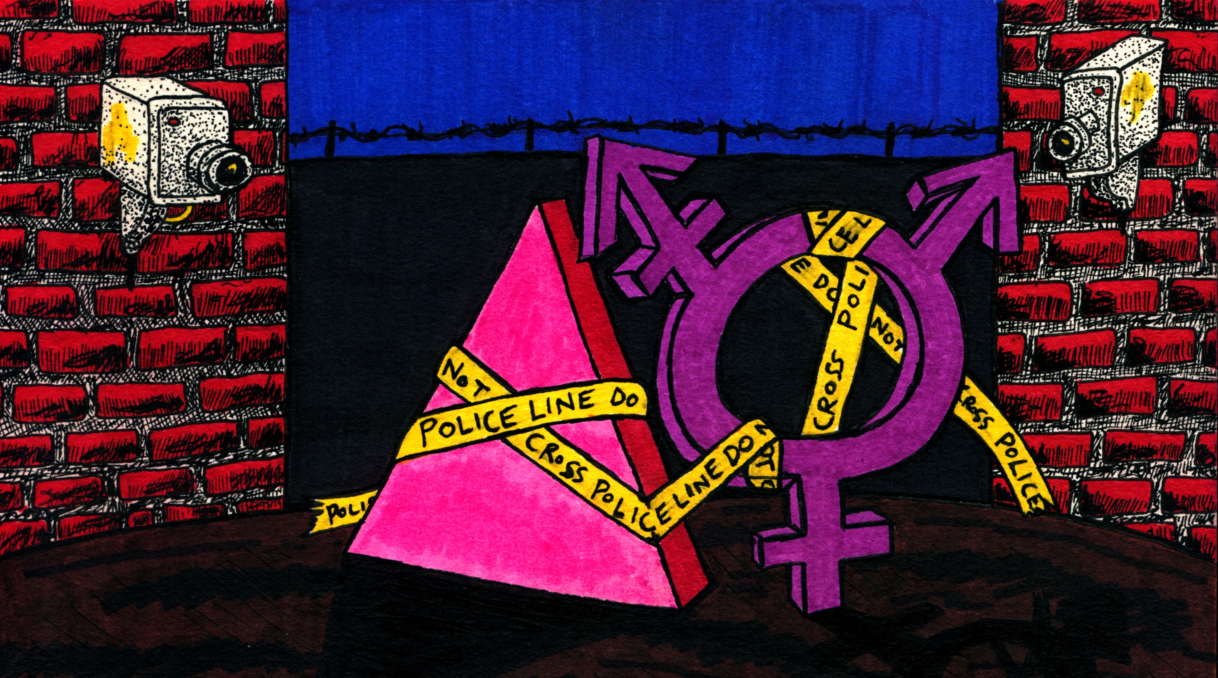 a red triangle and purple transgender symbol are wrapped in police tape and surveilled by two cameras.