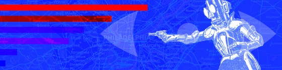 A drawing of a robot pointing a gun over a map of Philadelphia