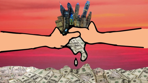 Philadelphia skyscrapers are being squeezed by two hands, dripping into a pool of money