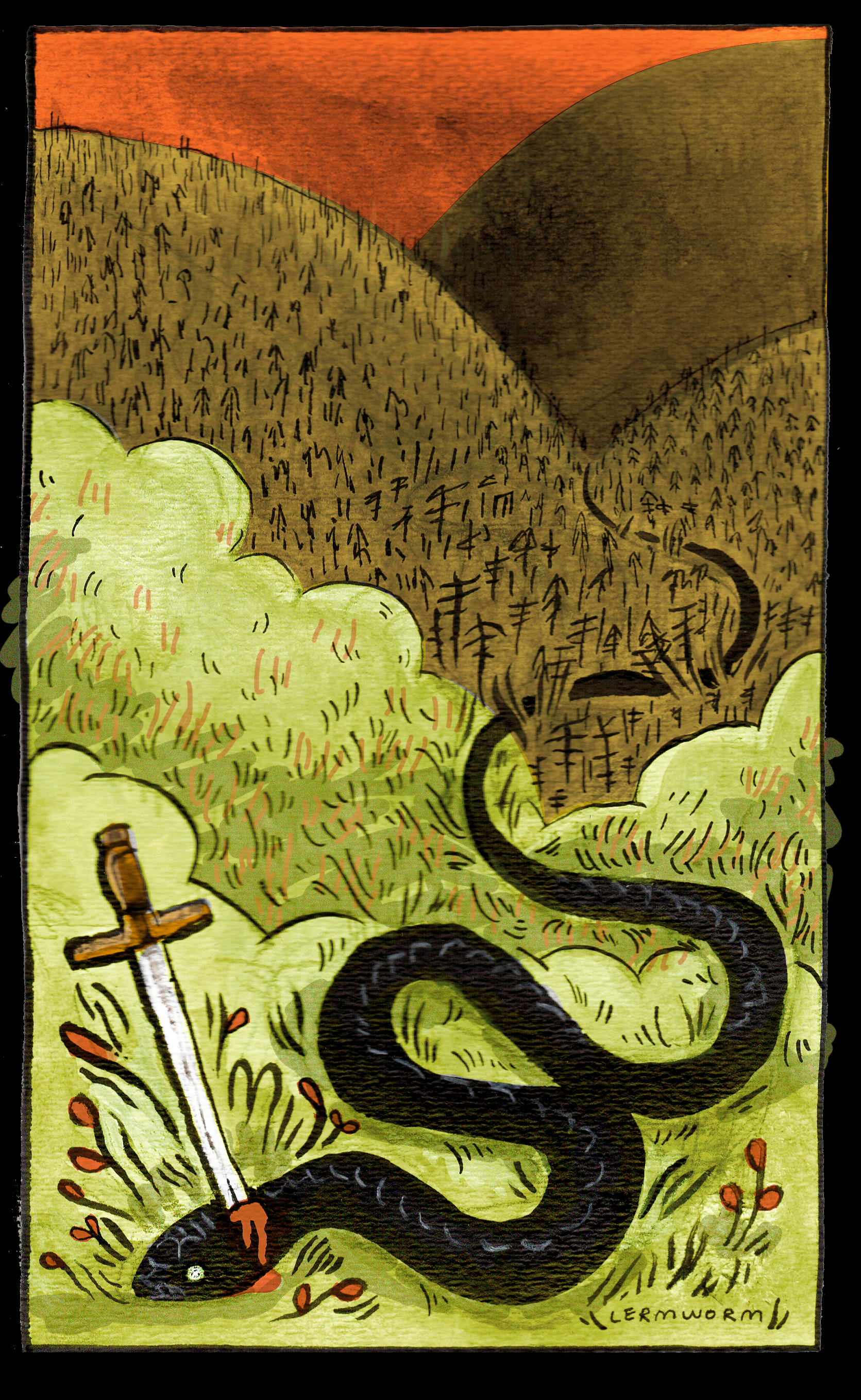A painting of a snake in grassy hills with a sword through its neck