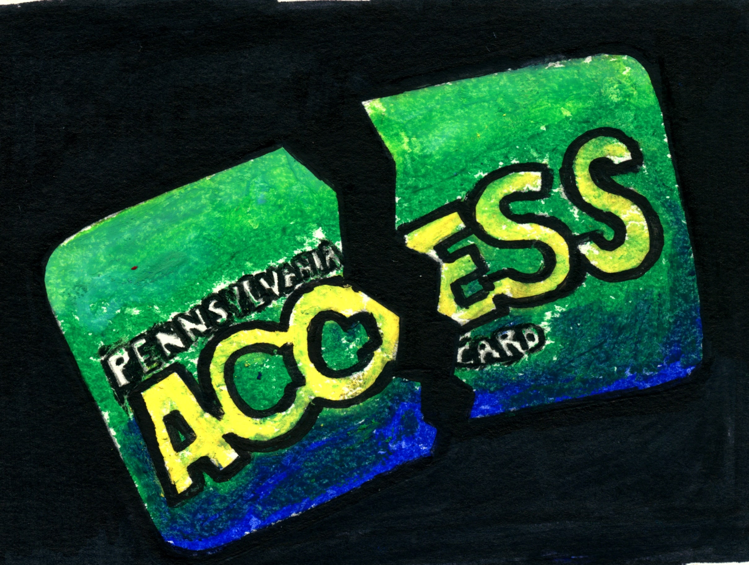 A drawing of a Pennsylvania ACCESS card broken in two