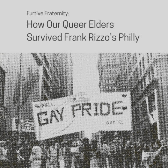 A crowd of people walking down a city street. Those in front are holding a banner that reads, "GAY PRIDE". Image in black and white.